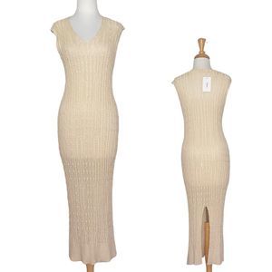 SAGE Knitted Stretchy Beige Maxi Dress Size M V Neck Back Slit Beach Wear Casual